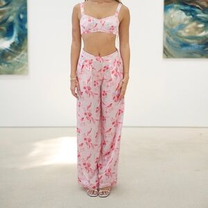 100% Mulberry Silk Floral Pink Pajama Pants